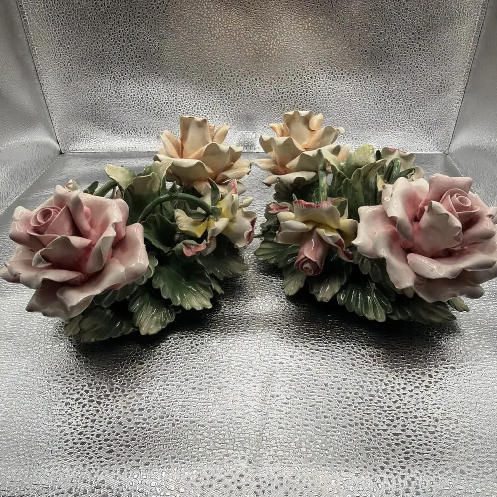 Pair Of Vintage Porcelain Floral Capodimonte Candle Holders Centerpiece